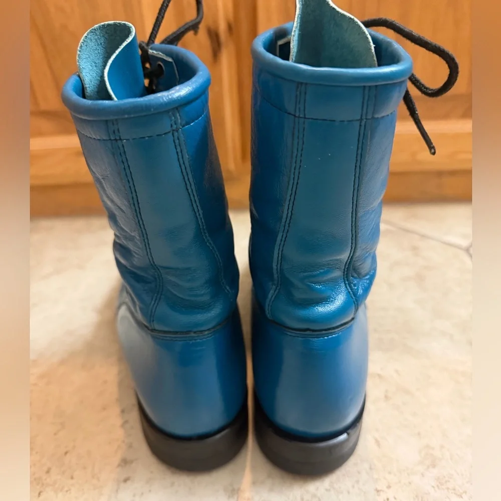 VTG Justin 80s 90s Teal Turquoise Blue Lace-Up Kiltie Roper Granny Boots 7.5-8 - Picture 2 of 11